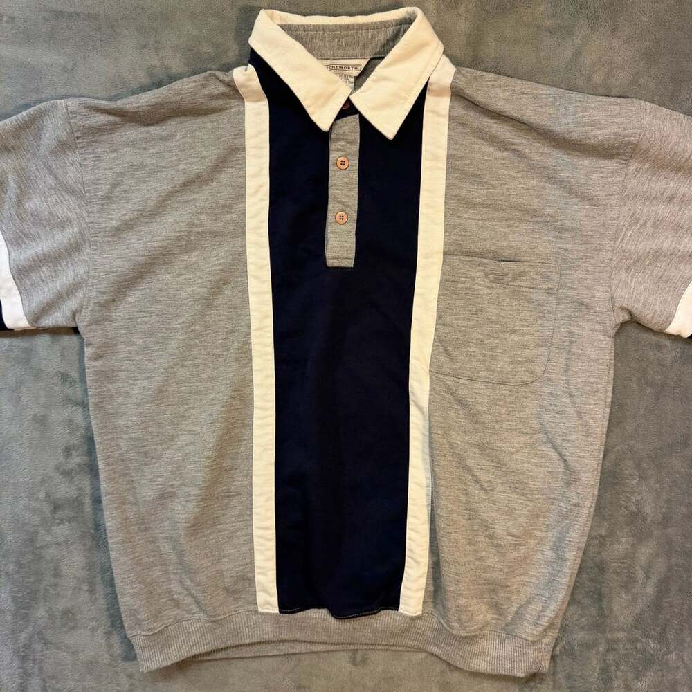 Wentworth Vintage long sleeve Polo Shirt Size L Gray Navy Stripe Pocket Retro